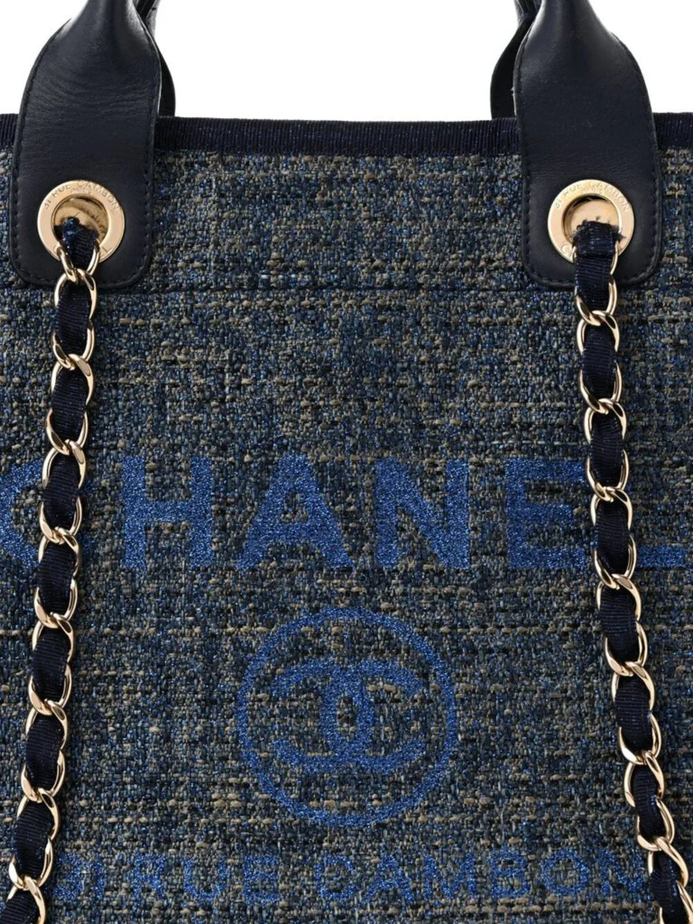 Chanel Lurex Canvas Medium Deauville Tote Navy Blue Shoulder Bag Shopper CC Logo
